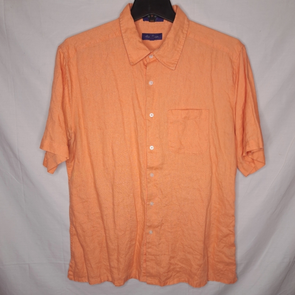 ALAN FLUSSER 100% Linen Men's Orange Short Sleeve Casual Button-Down Shirt XL